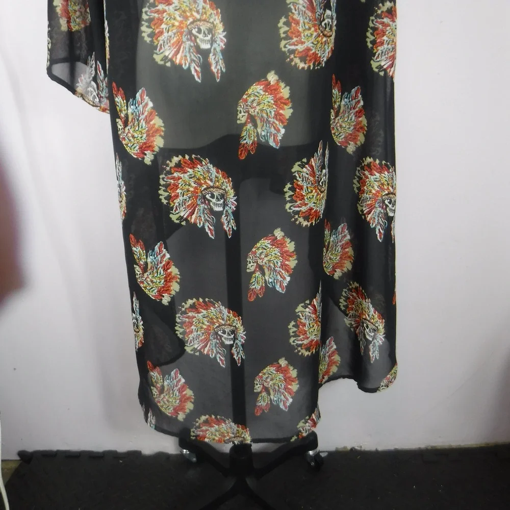 Giddy‎ Up Glamour Skull Headdress Kimono Cardigan Black High Low Sheer XL 1410